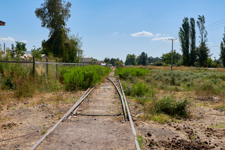 Disused railway track view in perspectiveの写真素材