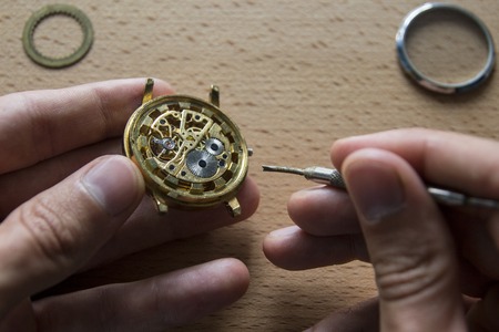 Process of repair of mechanical watches with special toolsの写真素材