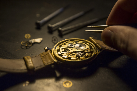Mechanism of pocket clock close up, watch repairの写真素材