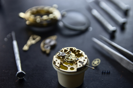 Watchmaker's workshop, watch repair, special tools for watch, backgroundの写真素材