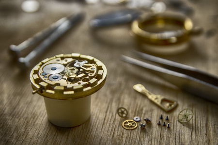 Watchmaker's workshop, watch repair, special tools for watch, backgroundの写真素材