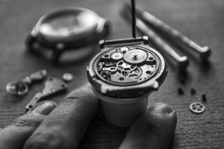 Mechanical watch repair, watchmaker's workshop, special toolsの写真素材
