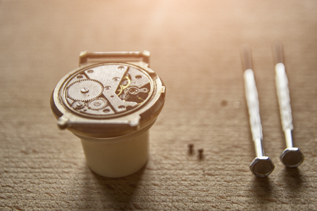 Mechanical watch repair, watchmaker's workshop, special toolsの写真素材