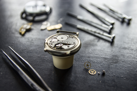Watchmaker's workshop, watch repair, special tools for watch, backgroundの写真素材