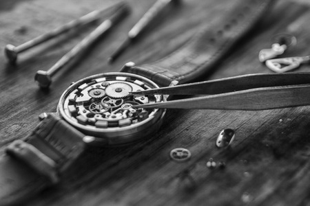 Watchmaker's workshop, watch repair, special tools for watch, backgroundの写真素材