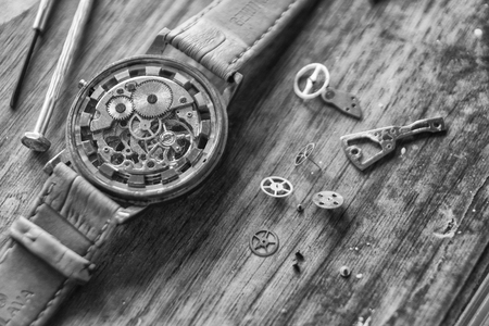 Watchmaker's workshop, watch repair, special tools for watch, backgroundの写真素材