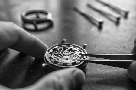 Mechanical watch repair, watchmaker's workshop, special toolsの写真素材