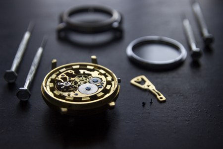 Mechanical watch repair, watchmaker's workshop, special toolsの写真素材