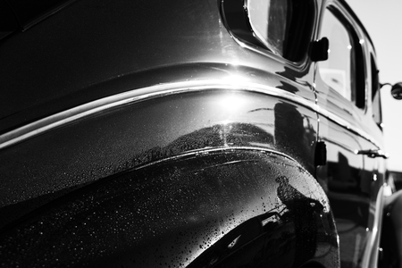 Old vintage car, close up, black and whiteの写真素材