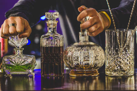 Bottles on the bar, vintage bottlesの写真素材