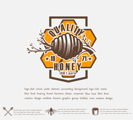 Design of honey labels. badge of honey quality, emblem of the company. Packing icon, background printingのイラスト素材