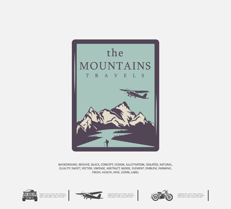 Travel logo, Tourism concept, vector graphics, emblem of extreme sport, landscape with mountain viewのイラスト素材