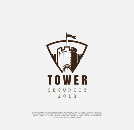 badge of fortress. concept of protection, a logotype of building a castle in a shield, an illustration of a historical museumのイラスト素材