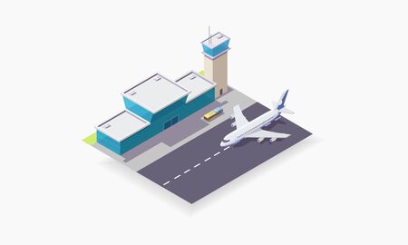 isometric vector illustration of airport, plane on the runway, concept of travel, passenger plane near the terminal.のイラスト素材