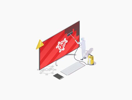 Isometric vector illustration, concept of cleaning computer from malware and viruses.のイラスト素材
