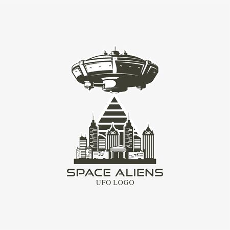 The UFO over the city. Vector illustration.のイラスト素材