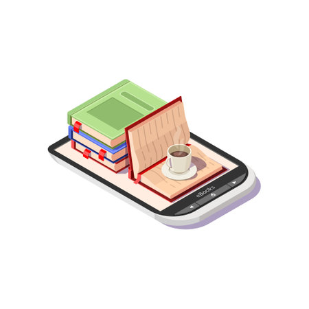 online library isometric illustration concept. E-book with books and coffee, on a white backgroundのイラスト素材