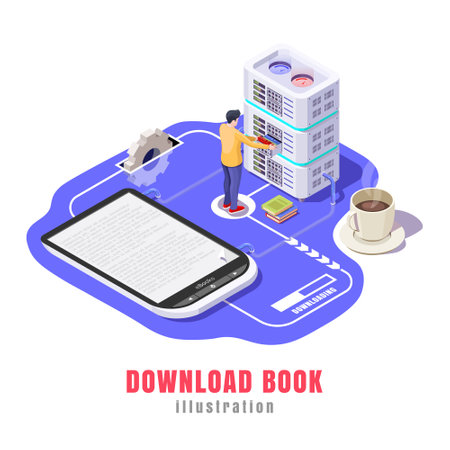 concept illustration of downloading a book via the internet to an e-book. Vector illustration for online library web designのイラスト素材