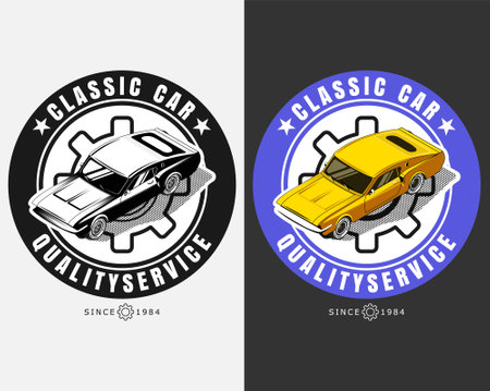 isometric American 70s muscle car old transport emblem. collection illustrationのイラスト素材