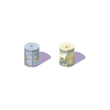 isometric paper money dollars on a white background, stacks of banknotes in different directions, icons for moneyのイラスト素材