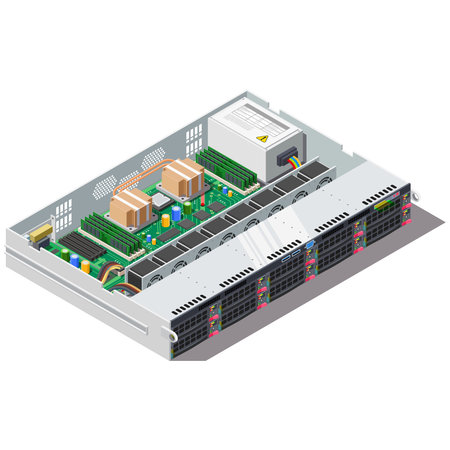 Server Rack Hardware Chassis Front View with Motherboard Components