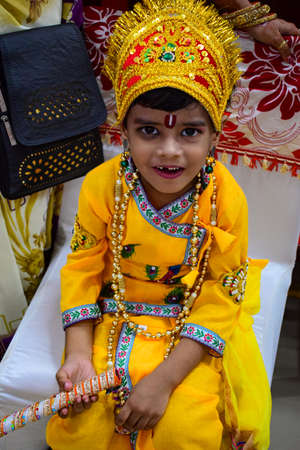 Delhi, India - September 9, 2019 : Cute Indian Kids dressed up as little Lord Krishna Radha on the...