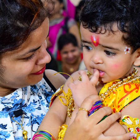 Delhi, India - September 9, 2019 : Cute Indian Kids dressed up as little Lord Krishna Radha on the occasion of Krishna Janmastami Festival in Delhi Indiaのeditorial素材