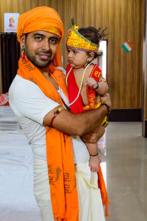 Delhi, India - September 9, 2019 : Cute Indian Kids dressed up as little Lord Krishna Radha on the...