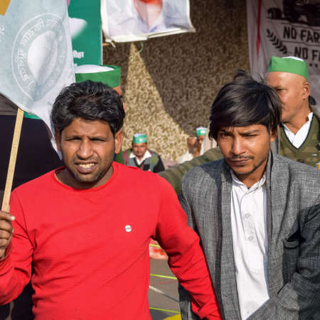 New Delhi, India â December 25 2020 : Indian Sikh and Hindu Farmers from Punjab, Uttar Pradesh and Uttarakhand states protests at Delhi-UP Border. Farmers are protesting against the new farmer lawsのeditorial素材