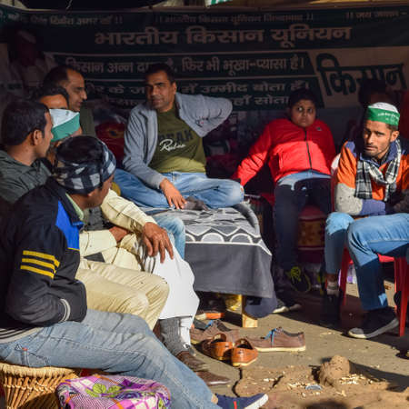 New Delhi, India â December 25 2020 : Indian Sikh and Hindu Farmers from Punjab, Uttar Pradesh and Uttarakhand states protests at Delhi-UP Border. Farmers are protesting against the new farmer lawsのeditorial素材