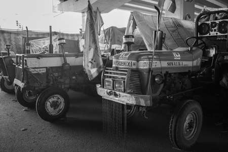 Gazipur, Delhi, India â€“ December 25 2020 : Farmer Tractors parked at Delhi border where...