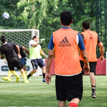 New Delhi, India - July 19 2019: Footballers of local football team during game in regional Derby...
