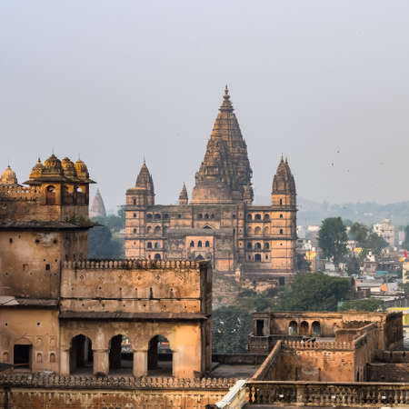 Jahangir Mahal (Orchha Fort) in Orchha, Madhya Pradesh, India, Jahangir Mahal or Orchha Palace is citadel and garrison located in Orchha. Madhya Pradesh. India, India Archaeological Site Black Whiteのeditorial素材