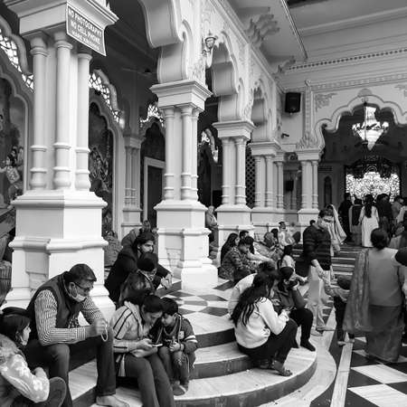 Vrindavan, India, February 12 2022 - Pilgrims in ISCON temple during the sacred month of Kartika,...