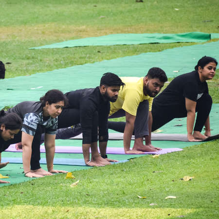 New Delhi, India, June 18 2022 â Group Yoga exercise class for people of different age in Lodhi Garden Park. International Day of Yoga, Big group of adults attending a yoga class outside in parkのeditorial素材