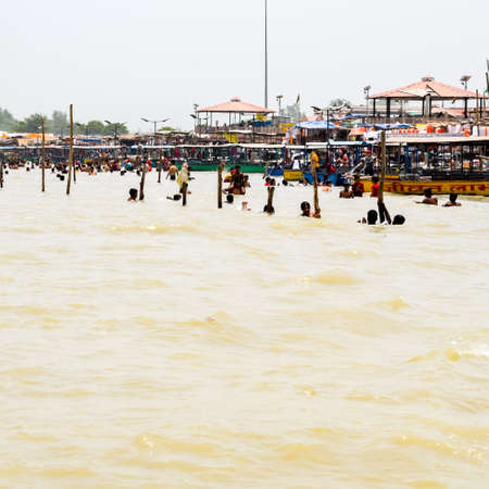 Garh Mukteshwar, Uttar Pradesh, India - June 11 2022 - People are taking holy dip on the occasion of Nirjala Ekadashi, A view of Garh Ganga ghat which is very famous religious place for Hindusのeditorial素材