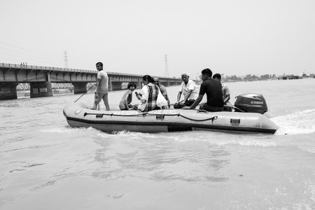 Garh Mukteshwar, UP, India-June 11 2022- Ganga as in Garh Mukteshwar, River Ganga is believed to be the holiest river for Hindu, Garh Ganga Brij ghat a famous religious place for Hindu-Black and Whiteのeditorial素材