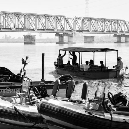 Garh Mukteshwar, UP, India-June 11 2022- Ganga as in Garh Mukteshwar, River Ganga is believed to be the holiest river for Hindu, Garh Ganga Brij ghat a famous religious place for Hindu-Black and Whiteのeditorial素材