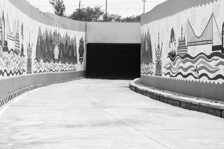 PM Narendra Modi dedicate Pragati tunnel of Pragati Maidan Integrated Transit Corridor Project to nation, Pragati Tunnel opens for traffic movement, Graffitiâs in Pragati Tunnel - Black and Whiteのeditorial素材