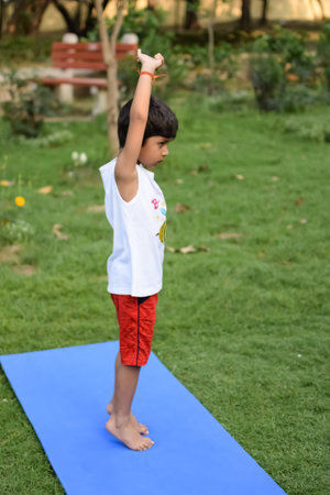 Asian smart kid doing yoga pose in the society park outdoor, Children's yoga pose. The little boy doing Yoga exerciseの写真素材