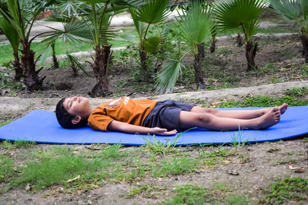 Asian smart kid doing yoga pose in the society park outdoor, Children's yoga pose. The little boy...