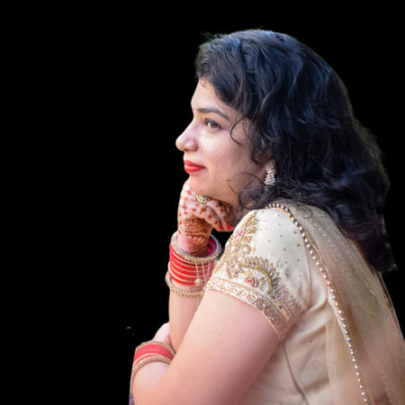 Beautiful woman dressed up as Indian tradition with henna mehndi design on her both hands to celebrate big festival of Karwa Chauth with plain white backgroundの写真素材