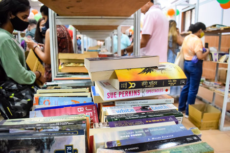 New Delhi, India, September 09 2023 - Variety of Books on shelf inside a book-stall at Delhi International Book Fair, Selection of books on display in Annual Book Fair.のeditorial素材