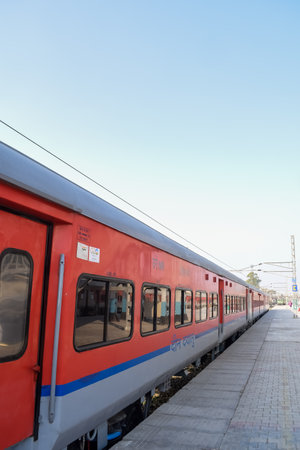 Amritsar, India, April 20 2023 - Indian railway train at Amritsar railway station platform during...