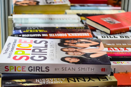 New Delhi, India, September 09 2023 - Variety of Books on shelf inside a book-stall at Delhi International Book Fair, Selection of books on display in Annual Book Fair.のeditorial素材