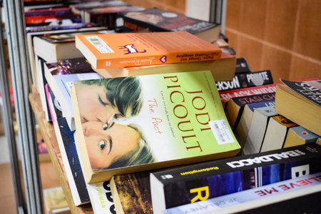 New Delhi, India, September 09 2023 - Variety of Books on shelf inside a book-stall at Delhi International Book Fair, Selection of books on display in Annual Book Fair.のeditorial素材
