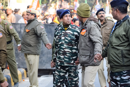 New Delhi, India - January 16 2023 â Delhi Police personnels during BJP road show, tight security during PM Modi attending a big election rally in the capitalのeditorial素材