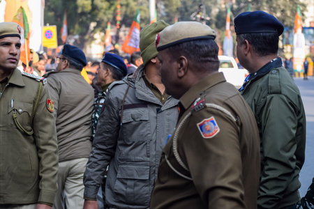 New Delhi, India - January 16 2023 â Delhi Police personnels during BJP road show, tight security during PM Modi attending a big election rally in the capitalのeditorial素材