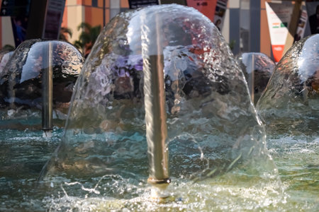 Fountain in the complex of Bharat Mandapam formally known as Pragati Maidan in Delhi India, working fountain in the Bharat Mandapam complex, water in the fountain, fountain in the Bharat Mandapam Parkの写真素材