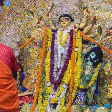 Goddess Durga with traditional look in close up view at a South Kolkata Durga Puja, Durga Puja Idol,...